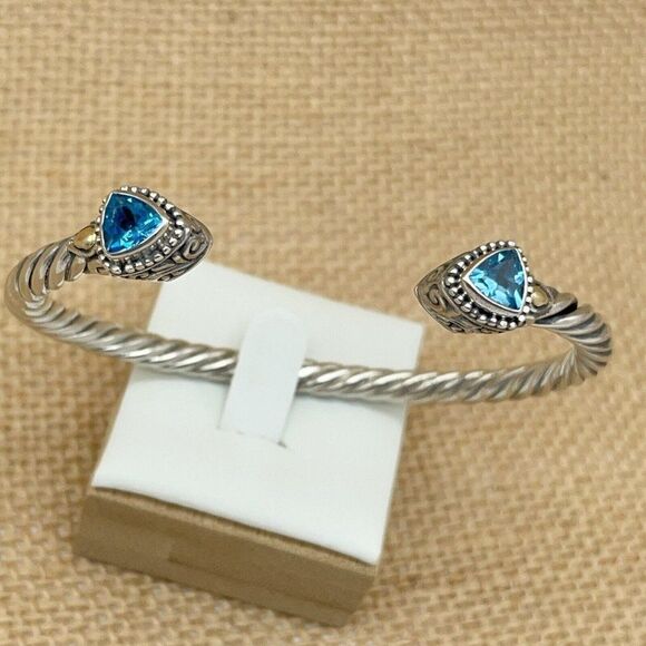 Bali Designs Blue Topaz Cuff Bracelet Trillion Cut Sterling Silver 18K Gold 6.75 - Picture 14 of 15